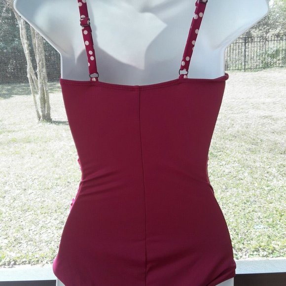 New Venus Burgundy Red Faux Wrap Polka Dot One Piece - Picture 2 of 2